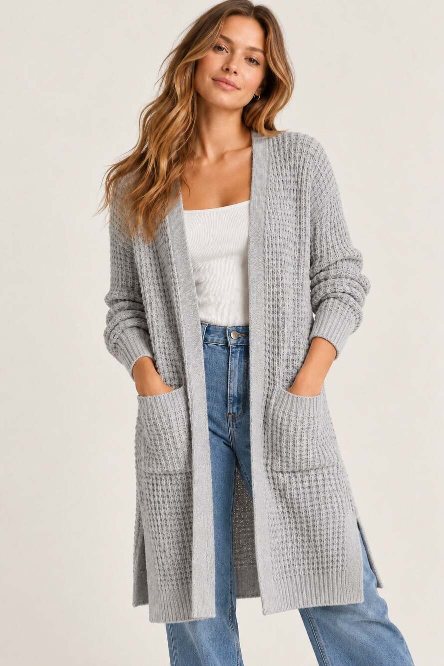 Abercrombie & Fitch Long Open-Front Waffle Knit Cardigan Sweater